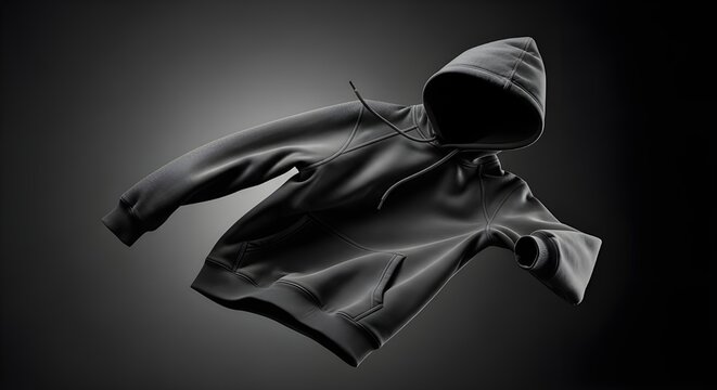 Floating black hoodie on dark background for fashion design
