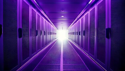 A long, symmetrical corridor bathed in violet light, leading toward a bright, undefined source. Doors line the sides