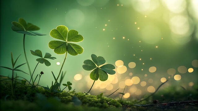 A vibrant four leaf clover stands out in a lush green sun dappled meadow.