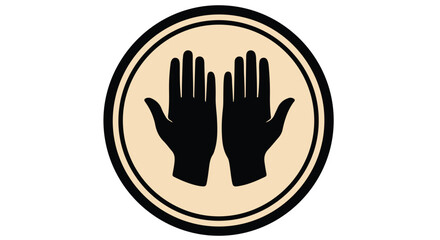 Obraz premium Simple graphic design of two raised black hands in a beige circle with a black outline on a white background.