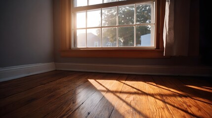 Obraz premium Sunlight streams through a window casting warm geometric shadows across a polished wooden floor in an empty room