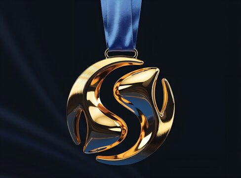 Abstract Golden S-Shape Emblem Medal on Blue Ribbon