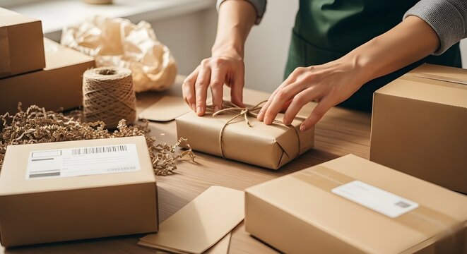 Person wrapping gift package with twine in modern workspace