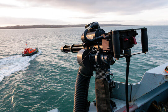Minigun six-barreled machine gun on board a military ship, which can fire up to 6,000 round per minute using a Gattling gun rotating barrel.