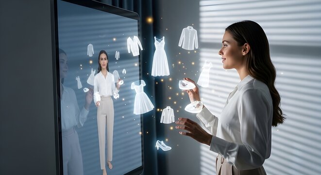 Woman using virtual try-on technology for clothing selection