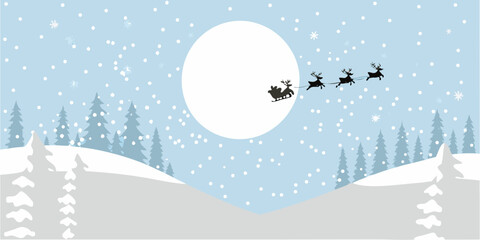 Santa claus and reindeer fly across a bright winter landscape © Ranajit