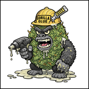 Gorilla Glue Cannabis Bud Cartoon Gorilla Character with Glue Gun
