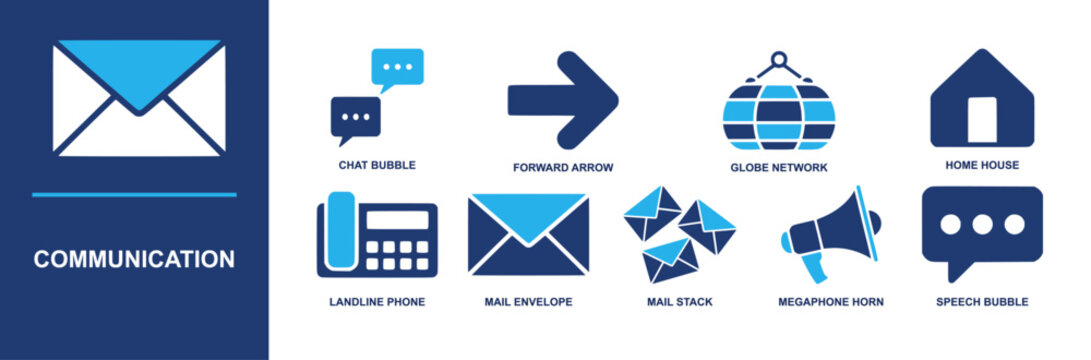 Communication icon set. Containing chat bubble, forward arrow, globe network, home house, landline phone, mail envelope, megaphone, speech bubble, email and more. Solid fill vector icons