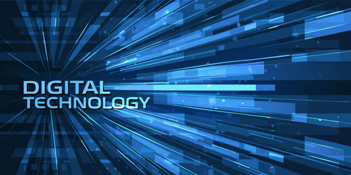 Abstract blue digital background with converging lines and text overlay