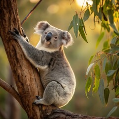 Obraz premium Adorable koala bear climbing a tree in the australian outback cute animal photo