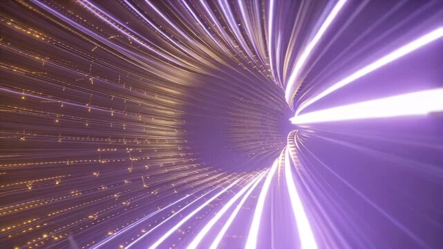 Spiral warp tunnel made interwoven glowing digital threads translucent fiber optic mesh, converging toward a radiant singularity core, gravitational distortion bending woven structure, dynamic fabric