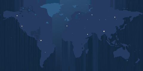 A dark blue world map with glowing points representing global connections