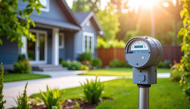 Modern utility smart meter stands in front of blurred suburban house with green lawn during bright sunny day with lens flare