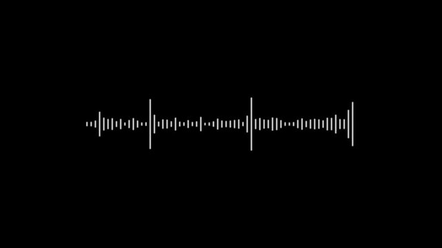 Audio waveform visualizer animation, white sound wave spectrum on black background, podcast audio frequency signal meter, music equalizer rhythm bars effect 4k video