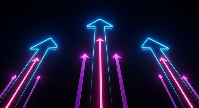 Vibrant neon arrows pointing upwards in dynamic motion