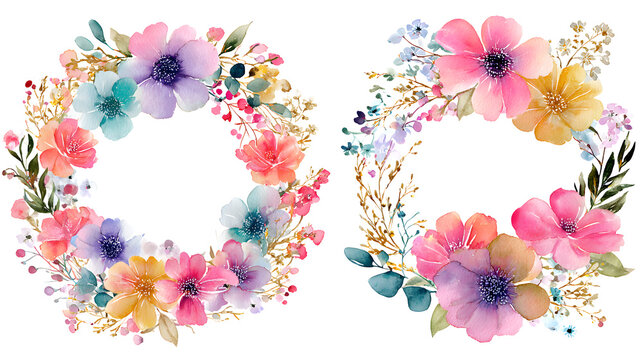 Whimsical watercolor wildflower round monogram frame, layered fantasy meadow flowers.