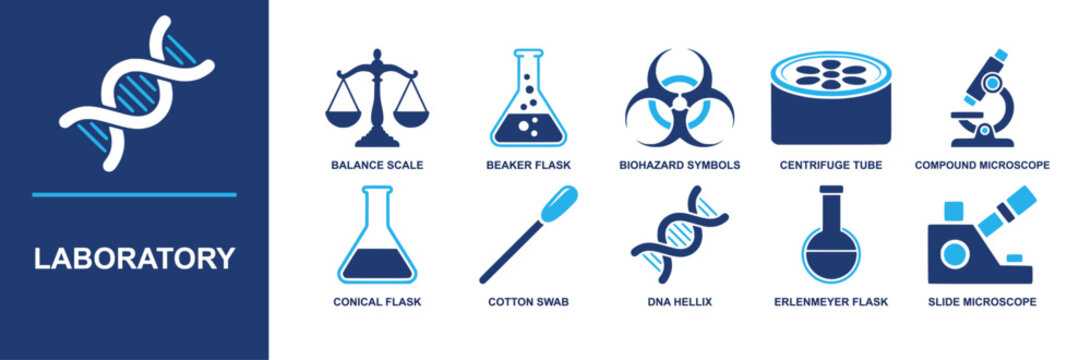 Laboratory icon set. Containing balance scale, beaker flask, biohazard symbol, centrifuge tube, compound microscope, conical flask, cotton swab, DNA helix and more. Solid fill vector icons