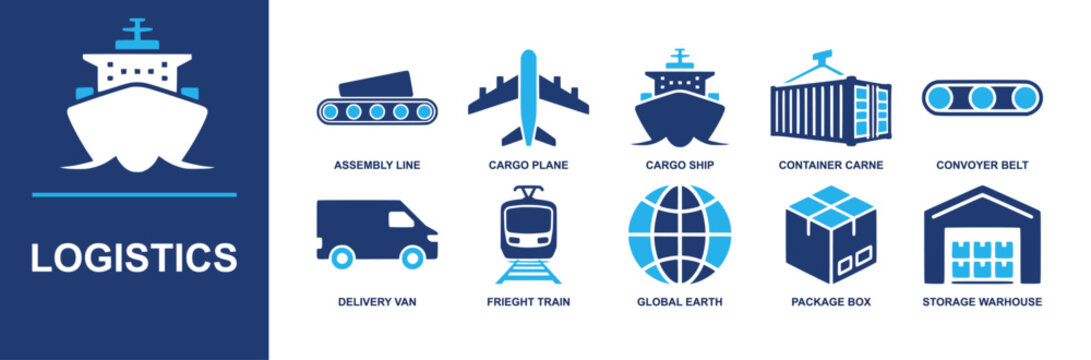 Logistics icon set. Containing assembly line, cargo plane, cargo ship, container, conveyor belt, delivery van, freight train, package box, warehouse and more. Solid fill vector icons