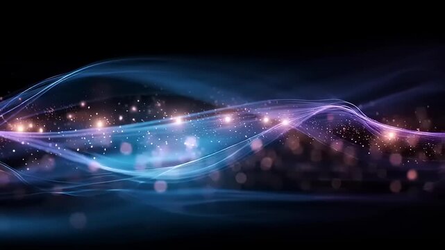 Futuristic digital wave flowing through a dark environment with glowing lights and particles