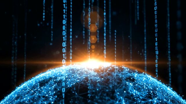 Digital Earth Network with Binary Code Rain and Glowing Horizon.