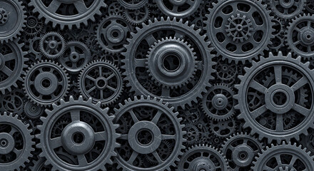 Close-up view of interlocking mechanical gears in various sizes and shapes, creating a sense of complexity and precision.