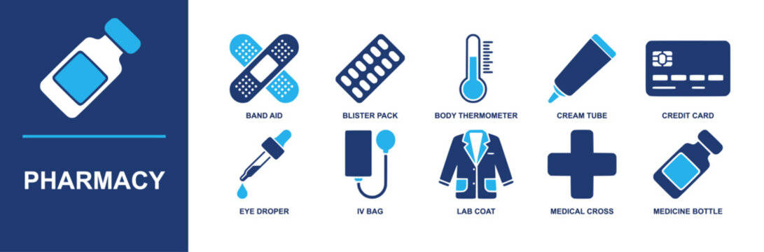 Pharmacy icon set. Containing band aid, blister pack, thermometer, cream tube, credit card, eye dropper, IV bag, lab coat, medical cross, medicine bottle and more. Solid fill vector icons
