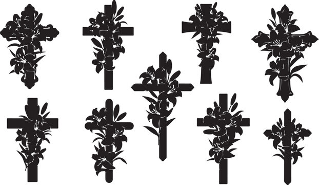 Black Crosses with Floral Decorations on White Background