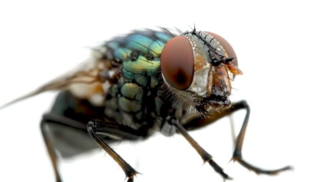 Extreme Close-up of a Common Housefly with Detailed Compound Eyes and Iridescent Body on White Background.