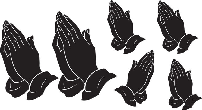 Praying hands in black silhouette on white background together