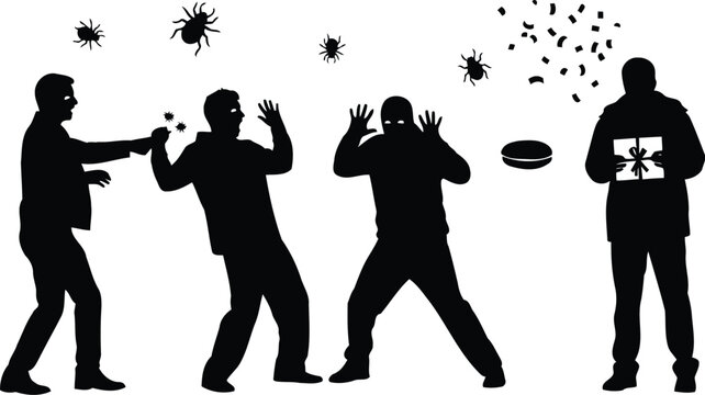 Silhouette men terrified by bug prank from surprise gift box