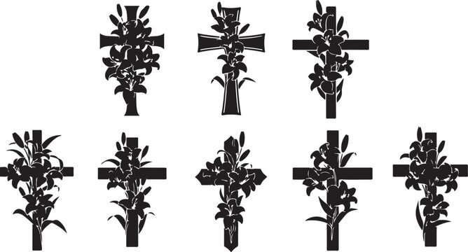 Set of black crosses with leaves and flowers arrangement