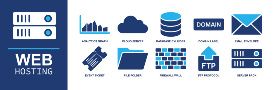Web hosting icon set. Containing analytics graph, cloud server, database, domain, email, support ticket, file folder, firewall, FTP upload, server rack and more. Solid fill vector icons