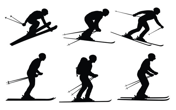 Dynamic skier silhouette, illustrations in black vector style, showing winter sport action, downhill skiing, jumps, and tricks, perfect for adventure, sports, and outdoor design projects