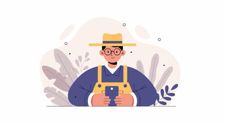 Character with hat and glasses holding phone, surrounded by foliage