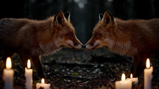Two Red Foxes Encountering Each Other in a Mystical Forest Setting with Lit Candles.