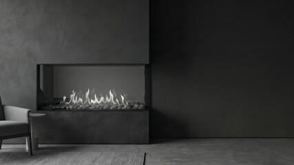 Fototapeta premium Modern Minimalist Interior with Elegant Fireplace and Dark Wall Design
