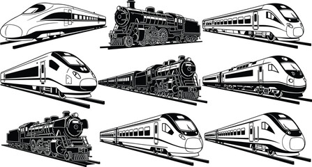 Collection of train silhouettes, steam locomotives and modern high‑speed passenger trains, railway transport artwork design illustration set © Fenshi