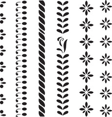 Collection of diverse black and white vertical border patterns featuring various decorative shapes and elements