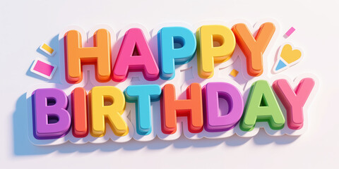 Vibrant 3d text illustration for birthday, featuring multicolored letters on white background with decorative shapes, creating festive and joyful atmosphere, perfect for holiday greeting cards.