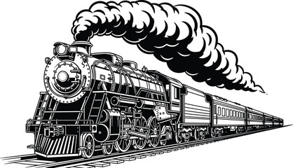 Steam locomotive pulling passenger train silhouette, vintage railway transport artwork, industrial design illustration of historical rail travel © Fenshi