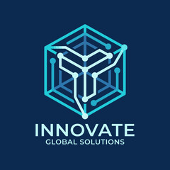 Fototapeta premium A modern logo design featuring a geometric cube and lines, symbolizing innovative global solutions in technology and business, perfect for branding and corporate identity.