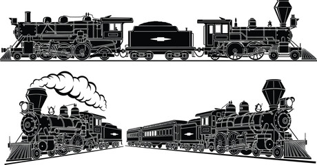 Vintage steam locomotive silhouettes with coal tender and passenger cars, historical railway transport artwork, industrial train design illustration © Fenshi