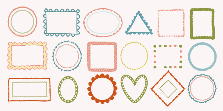 Collection of colorful hand drawn frames and geometric shapes on a beige background