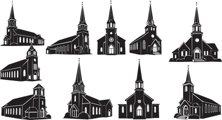 Fototapeta premium Collection of various church buildings in black silhouette style