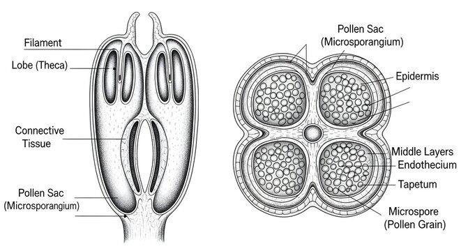 Combined longitudinal and transverse section of an anther showing filaments, connective tissue, lobes with pollen sacs, and detailed wall layers including epidermis, endothecium, middle layers and tap