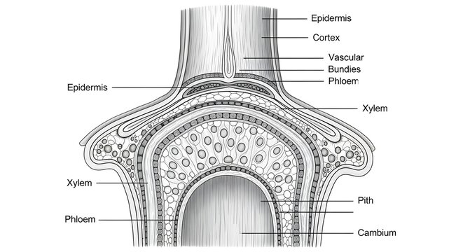 Transverse section diagram of a stem node region showing outer epidermis, cortex, ring of vascular bundles with xylem and phloem, central pith and cambium, illustrating internal organization where lea