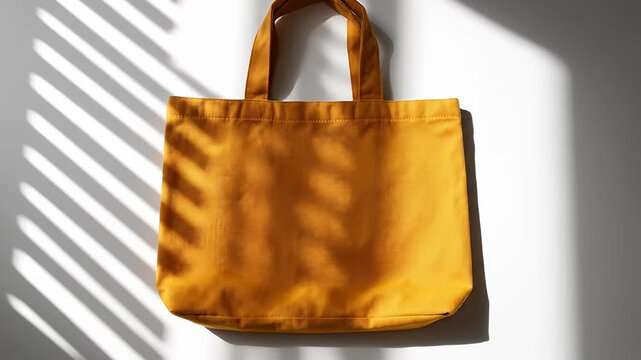 Empty yellow fabric tote bag on white background with shadows
