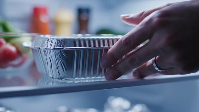 Hand reaching for aluminum foil takeout container in refrigerator