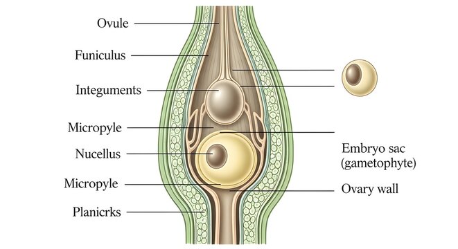Longitudinal section of a developing ovule inside the ovary, showing funiculus, integuments, nucellus and embryo sac with micropyle and plump nucellus tissue, all surrounded by ovary wall, illustratin