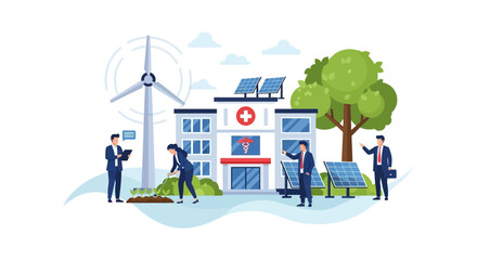 Naklejka premium Sustainable Hospital: Green Energy Solutions with Solar Panels, Wind Turbine, and Eco-Friendly Healthcare Practices